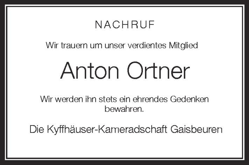  Traueranzeige für Anton Ortner vom 21.09.2012 aus Schwäbische Zeitung