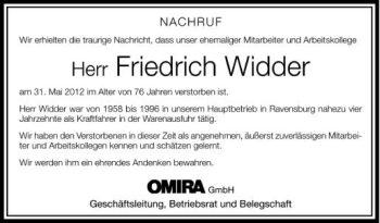 Anzeige von Friedrich Widder von Schwäbische Zeitung