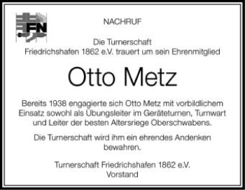 Anzeige von Otto  Metz von Schwäbische Zeitung