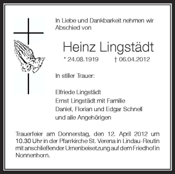 Anzeige von Heinz Lingstädt von Schwäbische Zeitung