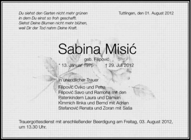  Traueranzeige für Sabina Misic vom 01.08.2012 aus Schwäbische Zeitung
