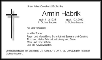 Anzeige von Armin Habrik von Schwäbische Zeitung