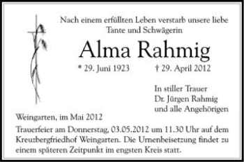 Anzeige von Alma Rahmig von Schwäbische Zeitung
