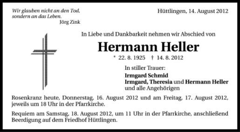  Traueranzeige für Hermann Heller vom 16.08.2012 aus Schwäbische Zeitung
