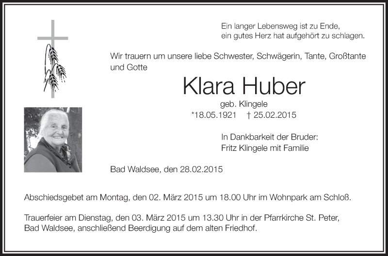  Traueranzeige für Klara Huber vom 28.02.2015 aus Schwäbische Zeitung