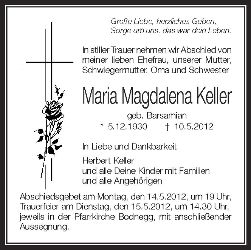 Traueranzeige für Maria Magdalena Keller vom 12.05.2012 aus Schwäbische Zeitung