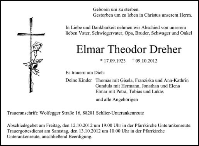  Traueranzeige für Elmar Theodor Dreher vom 11.10.2012 aus Schwäbische Zeitung