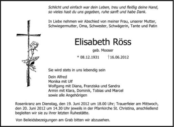 Anzeige von Elisabeth Röss von Schwäbische Zeitung