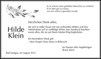 Anzeige von Hilde Klein von Schwäbische Zeitung