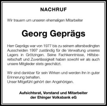 Anzeige von Georg Geprägs von Schwäbische Zeitung