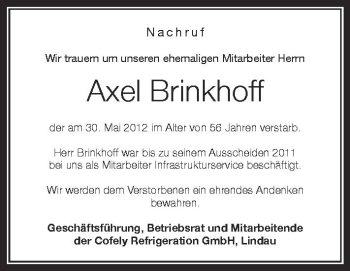 Anzeige von Axel Brinkhoff von Schwäbische Zeitung
