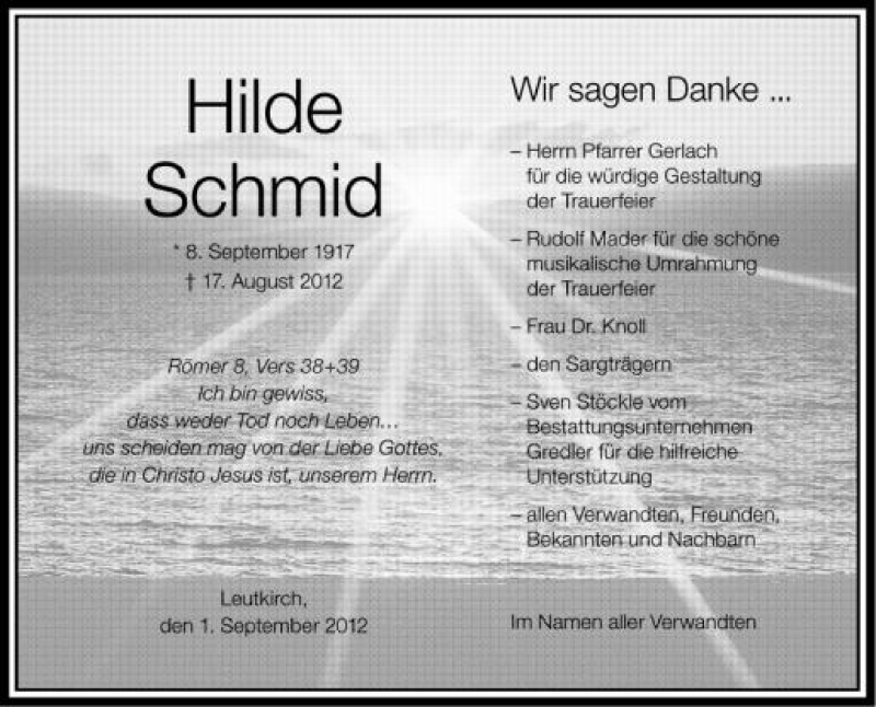  Traueranzeige für Hilde Schmid vom 01.09.2012 aus Schwäbische Zeitung