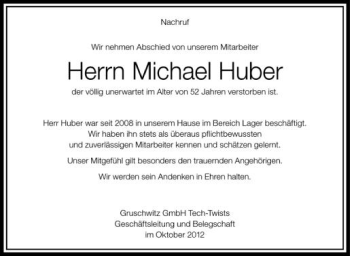 Anzeige von Michael Huber von Schwäbische Zeitung
