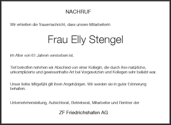 Anzeige von Elly Stengel von Schwäbische Zeitung