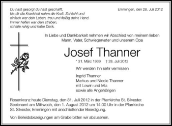 Anzeige von Josef Thanner von Schwäbische Zeitung