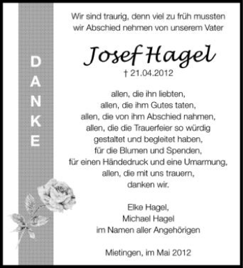 Anzeige von Josef Hagel von Schwäbische Zeitung