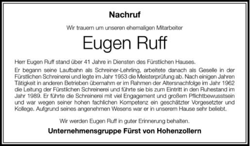  Traueranzeige für Eugen Ruff vom 27.09.2012 aus Schwäbische Zeitung