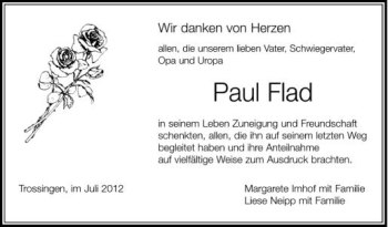 Anzeige von Paul Flad von Schwäbische Zeitung