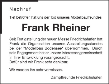 Anzeige von Frank Rheiner von Schwäbische Zeitung