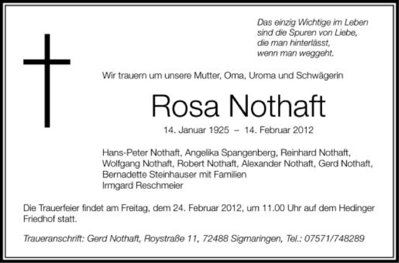  Traueranzeige für Rosa Nothaft vom 18.02.2012 aus Schwäbische Zeitung