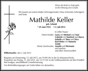 Anzeige von Mathilde Keller von Schwäbische Zeitung