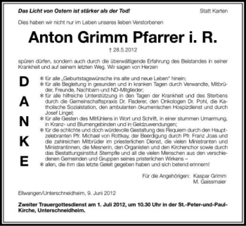 Anzeige von Antom Grimm von Schwäbische Zeitung