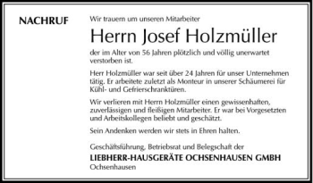 Anzeige von Josef Holzmüller von Schwäbische Zeitung