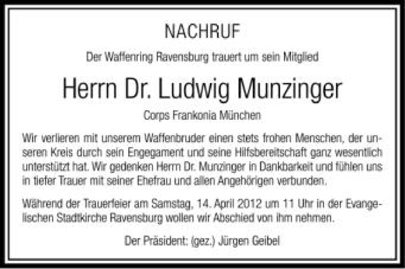  Traueranzeige für Ludwig Munzinger vom 13.04.2012 aus Schwäbische Zeitung