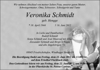 Anzeige von Veronika Schmidt von Schwäbische Zeitung