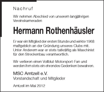 Anzeige von Hermann Rothenhäusler von Schwäbische Zeitung