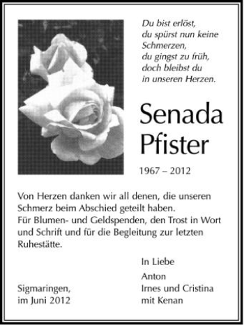 Anzeige von Senada Pfister von Schwäbische Zeitung