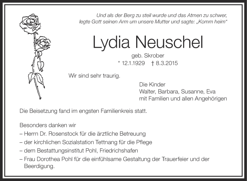  Traueranzeige für Lydia Neuschel vom 19.03.2015 aus Schwäbische Zeitung