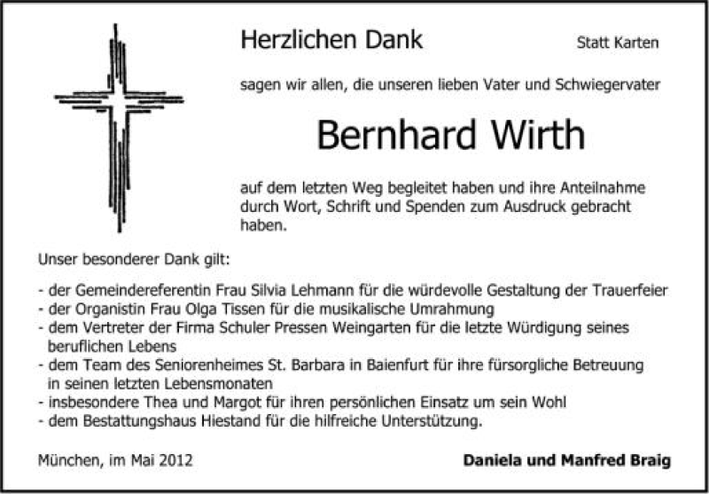  Traueranzeige für Bernhard Wirth vom 02.05.2012 aus Schwäbische Zeitung