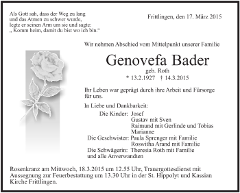 Anzeige von Genovefa Bader von Schwäbische Zeitung