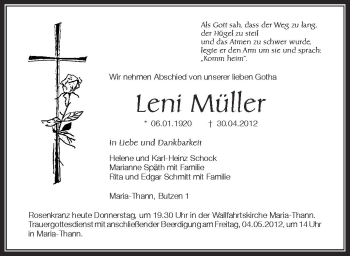 Anzeige von Leni Müller von Schwäbische Zeitung