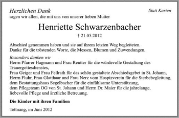 Anzeige von Henriette Schwarzenbacher von Schwäbische Zeitung