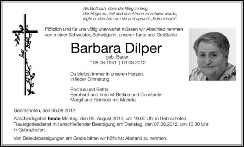  Traueranzeige für Barbara Dilper vom 06.08.2012 aus Schwäbische Zeitung