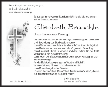 Anzeige von Eisabeth Brauchle von Schwäbische Zeitung