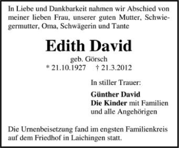 Anzeige von Edith David von Schwäbische Zeitung