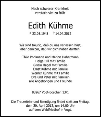 Anzeige von Edith Kühme von Schwäbische Zeitung