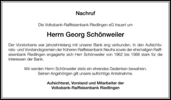 Anzeige von Georg Schönweiler von Schwäbische Zeitung