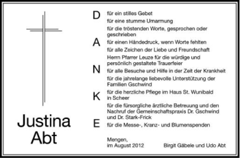 Anzeige von Justina Abt von Schwäbische Zeitung