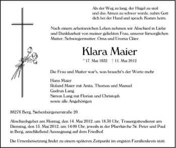 Anzeige von Klara Maier von Schwäbische Zeitung
