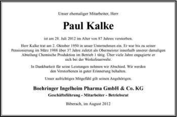 Anzeige von Paul Kalke von Schwäbische Zeitung