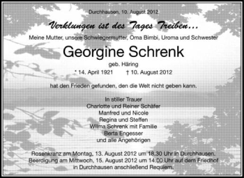 Anzeige von Georgine Schrenk von Schwäbische Zeitung
