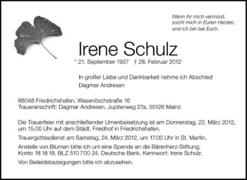 Anzeige von Irene Schulz von Schwäbische Zeitung