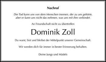Anzeige von Dominik Zoll von Schwäbische Zeitung