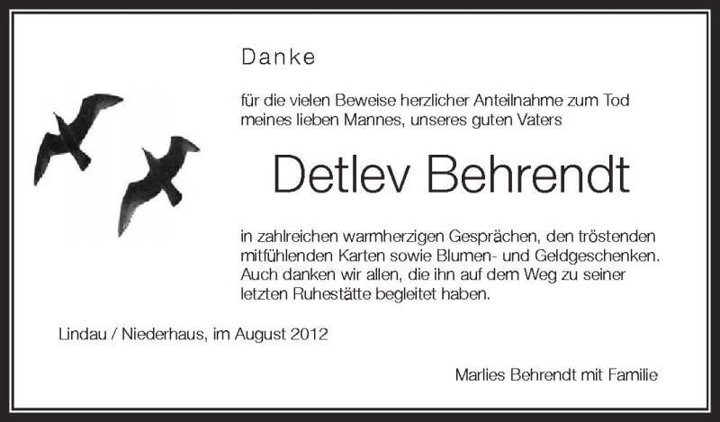  Traueranzeige für Detlev Behrendt vom 16.08.2012 aus Schwäbische Zeitung