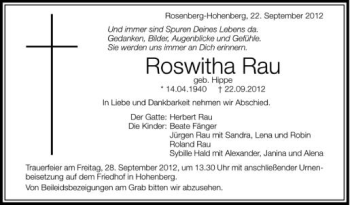 Anzeige von Roswitha Rau von Schwäbische Zeitung