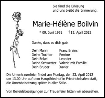 Anzeige von Marie-Hélène Boilvin von Schwäbische Zeitung
